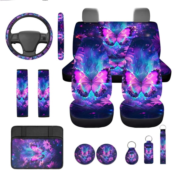 Yuyamidu 13 Pack Purple Butterfly Car Seat Cover Set Sunflower Steering Wheel Cover Seat Belt Covers Center Console Cover Keychain Coasters Auto Accessories