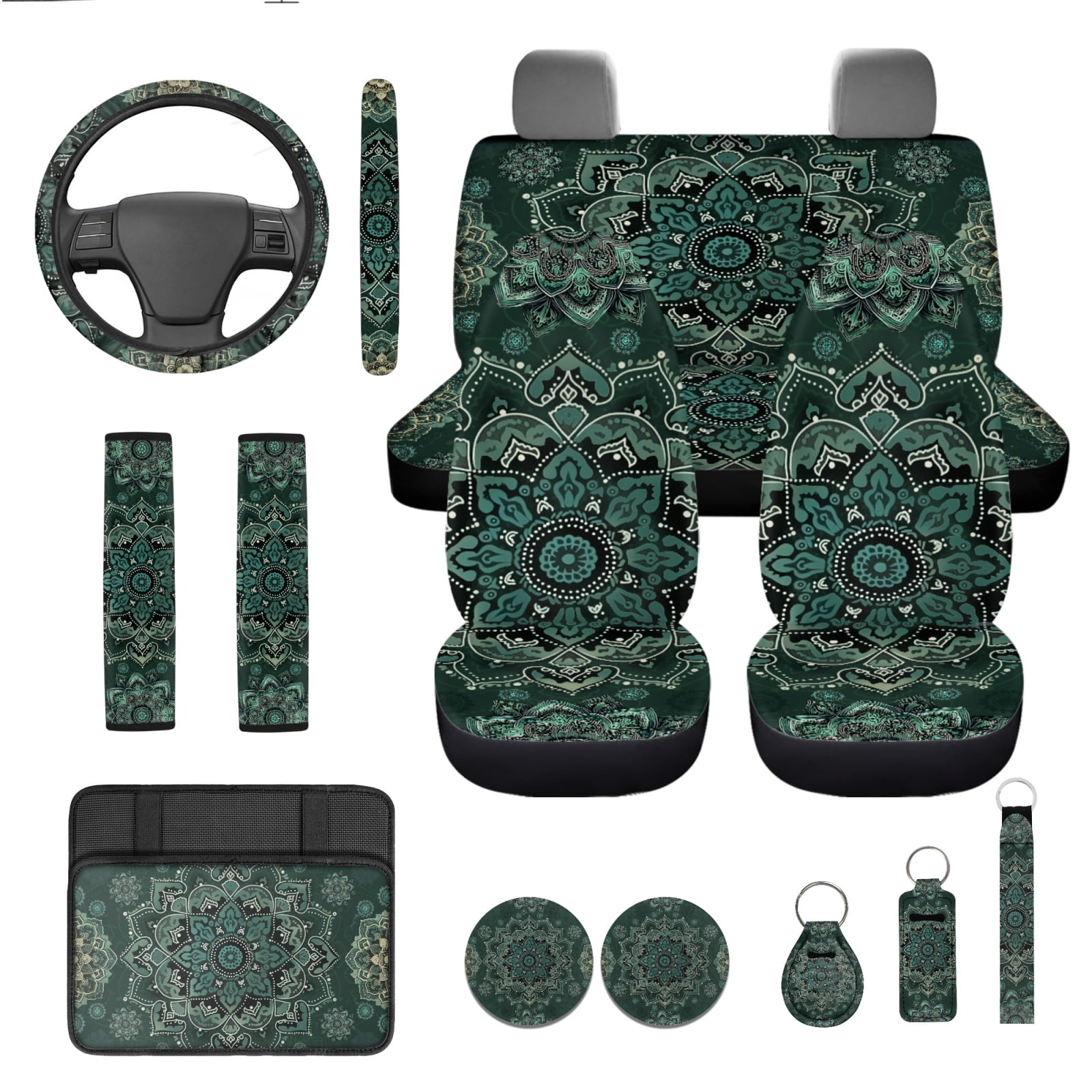 Yuyamidu 13 Pcs Car Seat Covers Set with Green Boho Mandala Flower Steering Wheel Cover Safe Belt Pads Car Center Console Cover Lip Balm Sleeve Keychain Coasters Auto Accessories