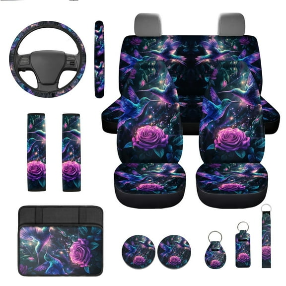 Yuyamidu 13 Piece Hummingbird Car Seat Covers Full Set Purple Rose Steering Wheel Cover Seat Belt Pads Armrest Cover Coasters Keychain Automobile Interior Sets