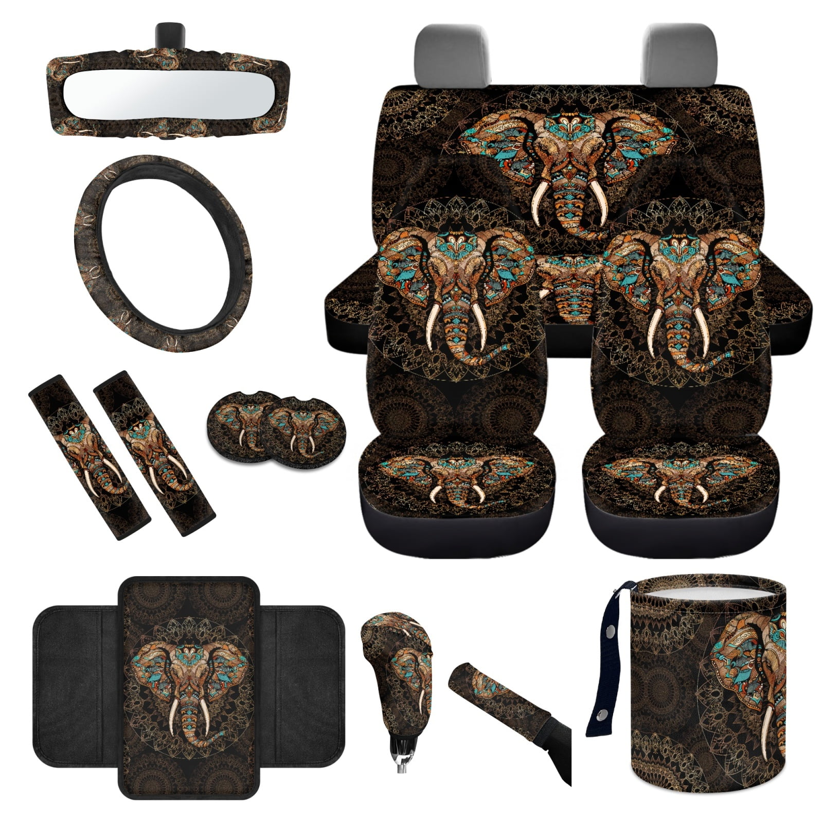 Yuyamidu 14 PCS Boho Car Seat Cover Elephant Steering Wheel Cover Seatbelt Strap Pad Trash Can Auto Armrest Cover Cushion Cup Coasters Rearview Mirror Cover Handbrake Cover Set