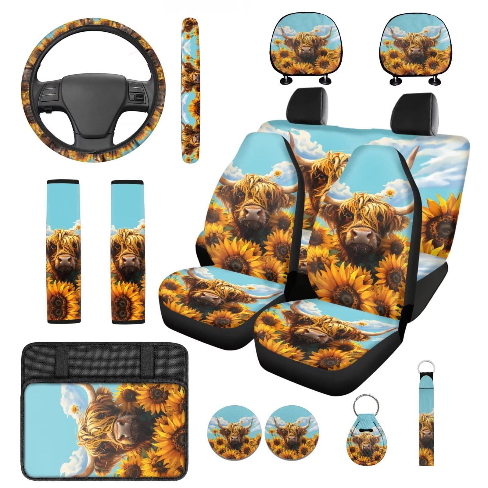 Yuyamidu 14 PCS Car Seat Covers and Steering Wheel Cover Highland Cow Seatbelt Strap Pad Sunflower Armrest Cover Pad Headrest Cover Cup Coasters Key Ring