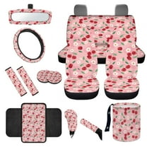 Yuyamidu 14 PCS Cherry Car Seat Covers Set with Steering Wheel Cover Daisy Seat Belt Covers Trash Bin Rear View Mirror Cover Pink Car Armrest Cover Cushion Coasters Gear Shift Knob Cover