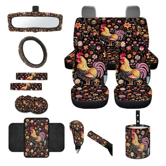 Yuyamidu 14 PCS Chicken Car Seat Cover Full Set with Steering Wheel Cover Floral Seat Belt Cover Cross Trash Can Rear View Mirror Cover Coaster Center Console Cover Gear Shift Knob Cover Set