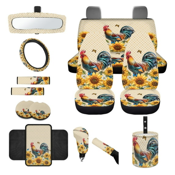 Yuyamidu 14 PCS Chicken Car Seat Cover Set Sunflower Auto Steering Wheel Cover Seat Belt Pad Cup Holder Trash Bag Gear Shift Knob Cover Set Rear View Mirror Cover Auto Armrest Cover