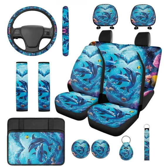 Yuyamidu 14 PCS Dolphin Car Seat Covers Blue Ocean Steering Wheel Cover Heart Seatbelt Strap Pad Armrest Cover Pad Headrest Covers Keychain Cup Coasters or SUV Truck