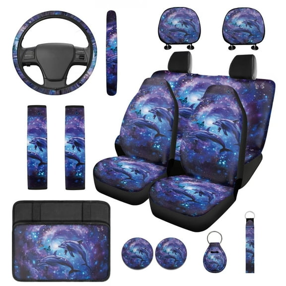 Yuyamidu 14 PCS Dolphin Car Seat Covers Set with Steering Wheel Cover Seat Belt Pads Galaxy Armrest Cover Butterfly Headrest Covers Coasters Keychain for SUV Van Truck