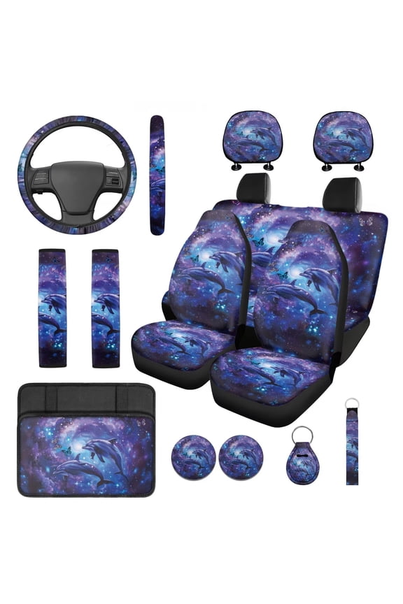 14 PCS Dolphin Car Seat Covers Set with Steering Wheel Cover Seat Belt Pads Galaxy Armrest Cover Butterfly Headrest Covers Coasters Keychain for SUV Van Truck