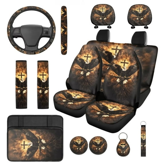 Yuyamidu 14 PCS Eagle Car Seat Covers Full Set Cross Steering Wheel Cover Seat Belt Covers Center Console Cover Head Rest Covers Cup Coasters Keychain