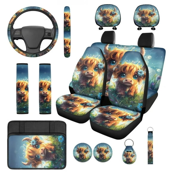 Yuyamidu 14 PCS Highland Cow Car Seat Cover Full Set with Steering Wheel Cover Blue Flower Center Console Cover Seat Belt Cover Headrest Covers Coaster Key Chain