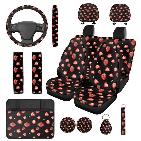 Yuyamidu 14 PCS Strawberry Car Seat Covers Set with Steering Wheel Cover Black Seat Belt Covers Car Armrest Cover Cushion Headrest Covers Keychain Coasters for SUV Truck