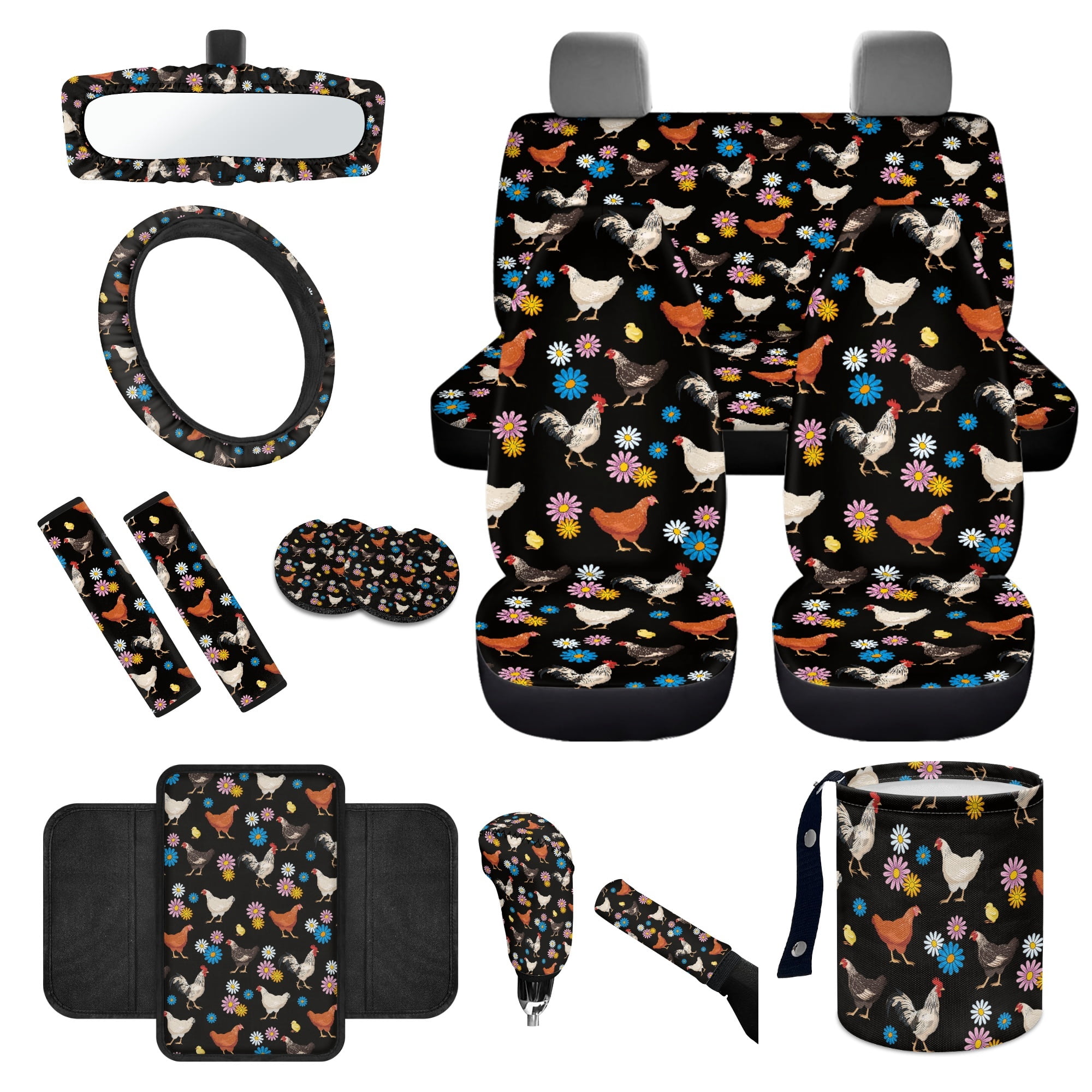 Yuyamidu 14 Pack Chicken Car Seat Covers and Steering Wheel Cover Seat Belt Strap Cover Garbage Bin Hippie Flower Armrest Cover Rearview Mirror Cover Coaster Gear Shift Knob Cover Set Fit SUV Sedan