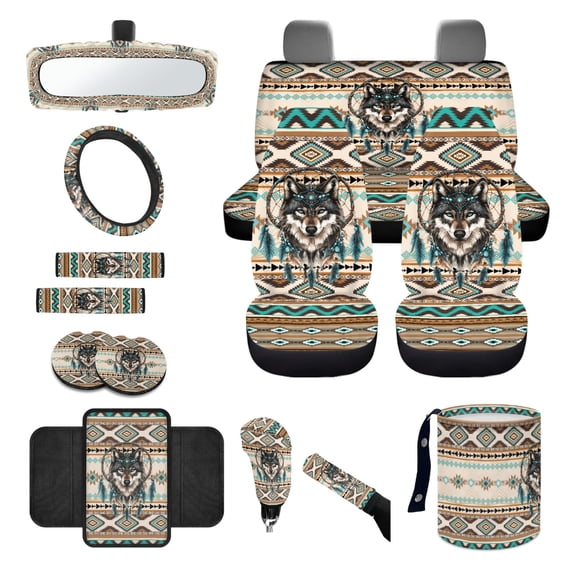 Yuyamidu 14 Piece Aztec Car Seat Covers Full Set Wolf Steering Wheel Cover Seat Belt Pads Garbage Bag Dream Catcher Armrest Cover Handbrake Cover Set Rear View Mirror Protector Coasters