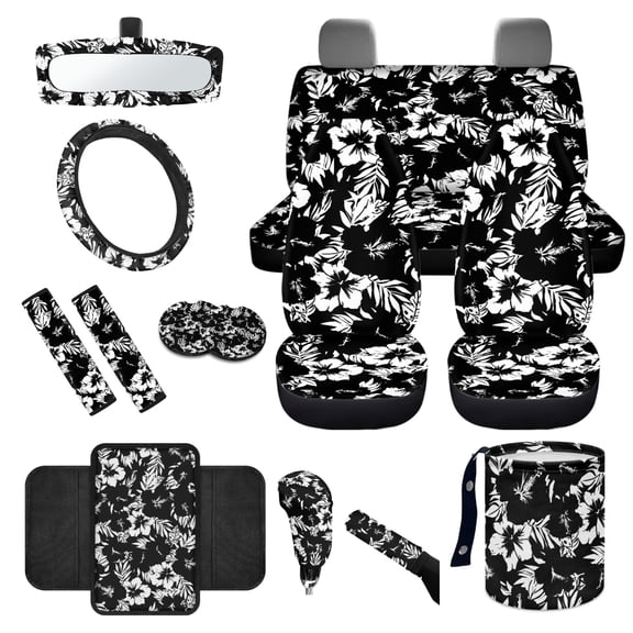 Yuyamidu 14 Piece Black Hibiscus Auto Seat Covers Full Set with Steering Wheel Cover Seat Belt Pads Gabage Box Rearview Mirror Cover Cup Holder Center Console Cover Handbrake Cover Gear Shift Cover