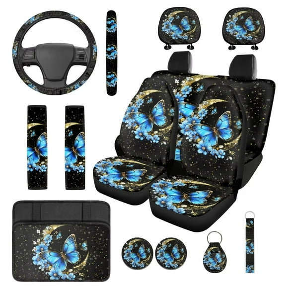 Yuyamidu 14 Piece Blue Butterfly Car Seat Cover Full Set Moon Steering Wheel Cover Headrest Covers Seat Belt Cover Center Console Cover Keychain Cup Mat, Universal Fit