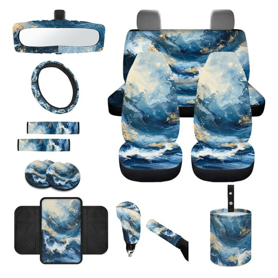 Yuyamidu 14 Piece Blue Marble Print Car Seat Cover Set with Steering Wheel Cover Seat Belt Strap Cover Garbage Bin Armrest Cover Rearview Mirror Cover Coaster Gear Shift Knob Cover Set Fit SUV Sedan