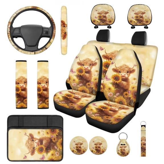 Yuyamidu 14 Piece Highland Cow Car Seat Cover Set Sunflower Steering Wheel Cover Seatbelt Strap Pad Armrest Pad Cup Coasters Headrest Covers Key Chain