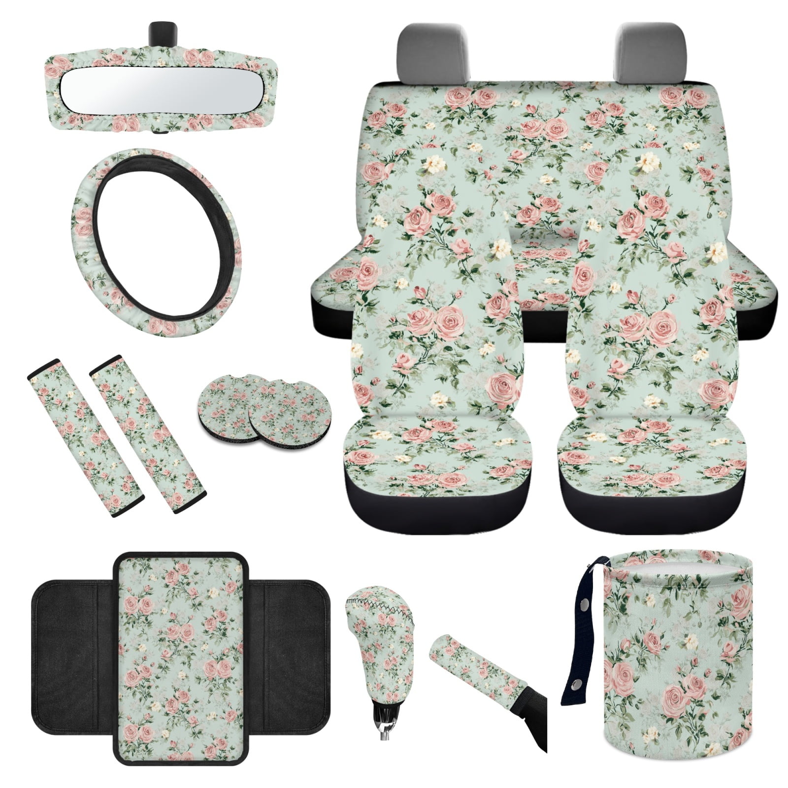 Yuyamidu 14 Piece Pink Rose Car Seat Cover Set with Steering Wheel Cover Green Seat Belt Strap Cover Garbage Bin Armrest Cover Rearview Mirror Cover Coaster Gear Shift Knob Cover Set for Women