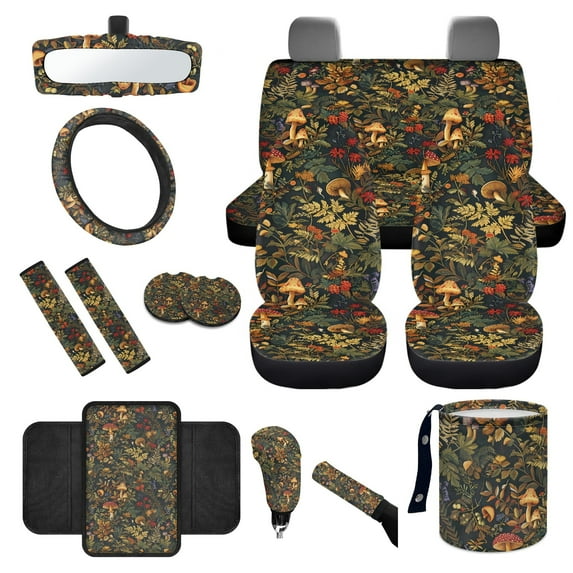 Yuyamidu 14 Piece Wild Mushroom Car Seat Covers Full Set with Steering Wheel Protector Car Trash Bin Car Auto Seat Belt Pad Cup Holders Car Armrest Cover Handbrake Cover Rearview Mirror Cover Cover
