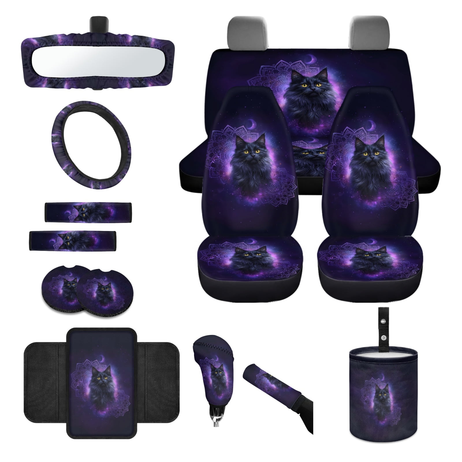 Yuyamidu 14pcs Black Cat Car Seat Cover Full Set with Steering Wheel Cover Seat Belt Covers Gabage Bin Rear View Mirror Cover Center Console Cover Cup Coasters Handbrake Cover Set, Purple