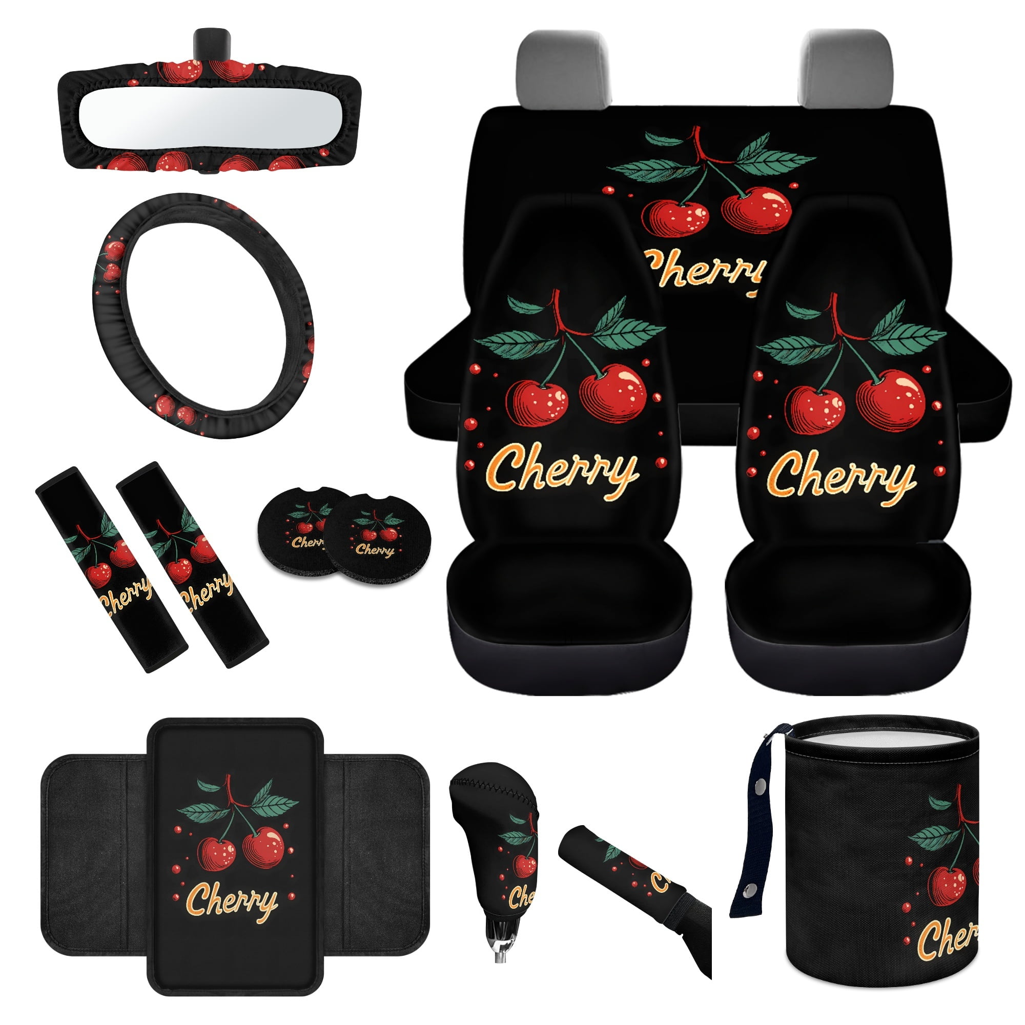 Yuyamidu 14pcs Cherry Car Seat Cover Protector with Steering Wheel Cover Seatbelt Pads Cute Auto Armrest Cover Trash Bin Rearview Mirror Cover Handbrake Cover Set Cup Holders for Women