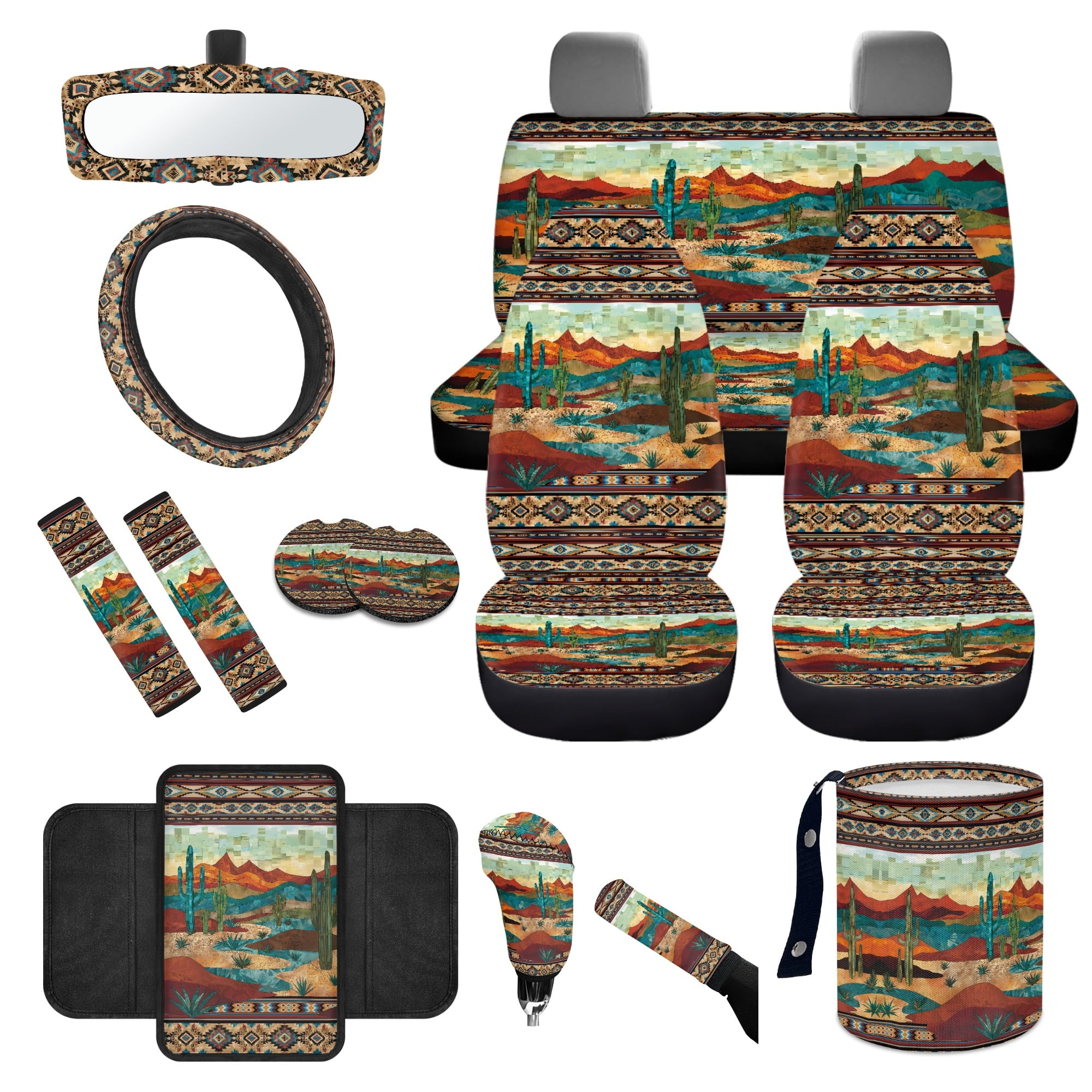 Yuyamidu 14pcs Western Aztec Car Seat Cover Split Cover Cactus Steering Wheel Cover Seatbelt Pads Auto Armrest Cover Trash Bin Rearview Mirror Cover Handbrake Cover Set Cup Coasters