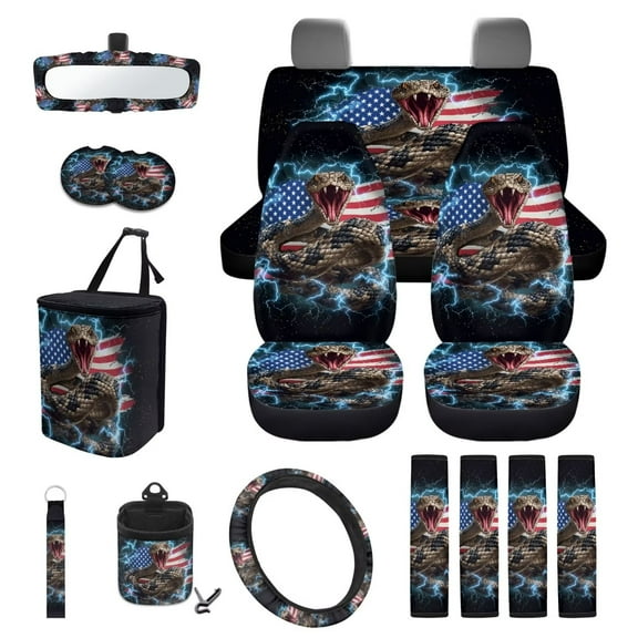 Yuyamidu 15 PCS Boa Car Seat Covers Set American Flag Steering Wheel Cover Seat Belt Pads Trash Bin Air Vent Storage Organizer Rear View Mirror Cover Coasters Key Chain