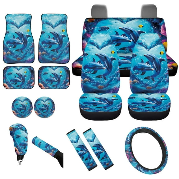 Yuyamidu 15 PCS Dolphin Car Seat Covers Set with Carpet Mats Blue Heart Steering Wheel Cover Seat Belt Covers Coasters Car Gear Shift Knob Cover for SUV Truck