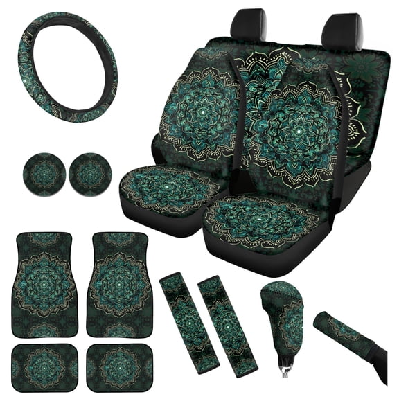 Yuyamidu 15 PCS Green Boho Car Seat Cover Set Flower Car Carpet Mats Auto Steering Wheel Cover Seat Belt Pad Cup Holder Gear Shift Knob Cover Set
