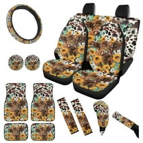 Yuyamidu 15 PCS Highland Cow Car Seat Cover Set with Floor Mats Cow Print Steering Wheel Cover Sunflower Seat Belt Covers Handbrake Cover Set Coasters for Truck Sedan