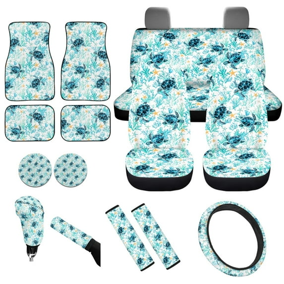 Yuyamidu 15 PCS Sea Turtle Car Seat Covers Set Starfish Car Floor Mats sSteering Wheel Cover Seat Belt Covers Car Coasters Gear Shift Knob Cover, Blue
