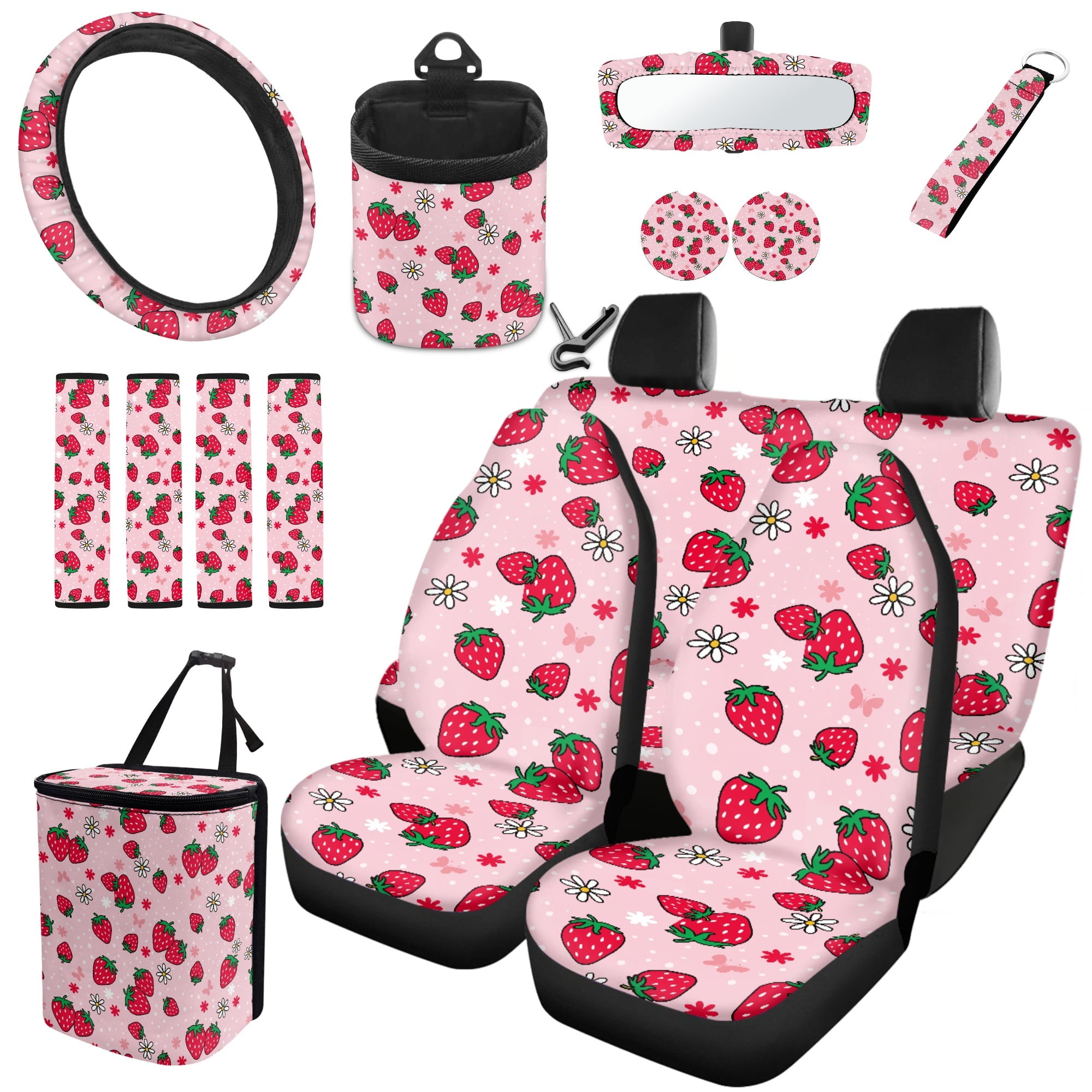 Yuyamidu 15 PCS Strawberry Car Seat Cover Set Pink Steering Wheel Cover Seat Belt Pad Cover Trash Bin Rear View Mirror Cover Cup Holders Keychain Air Vent Storage Holder Car Decor