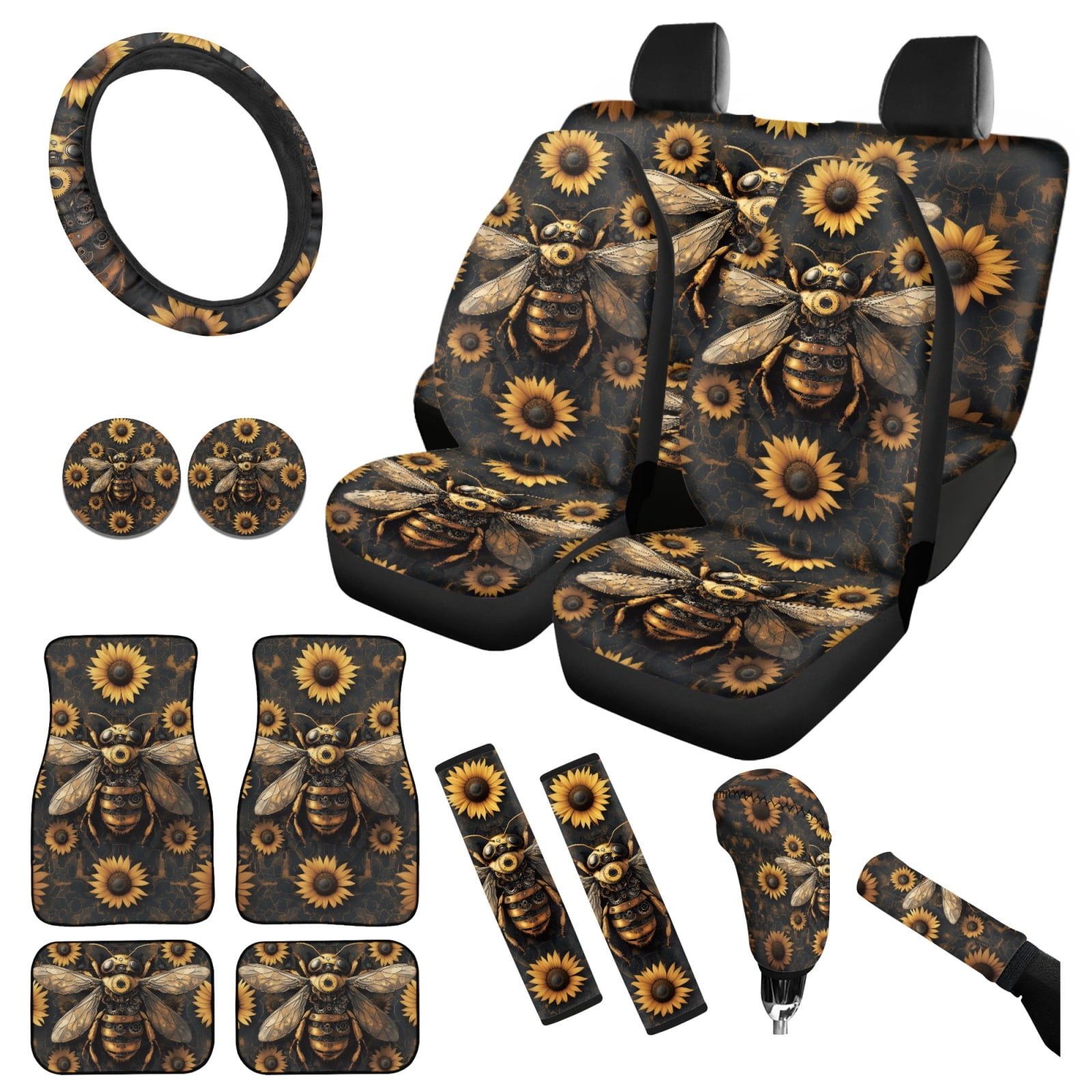 Yuyamidu 15 Pack Bee Car Front Rear Seat Covers Sunflower Car Floor Mats Steering Wheel Cover Seatbelt Cushion Handbrake Cover Shift Gear Knob Cover Coasters