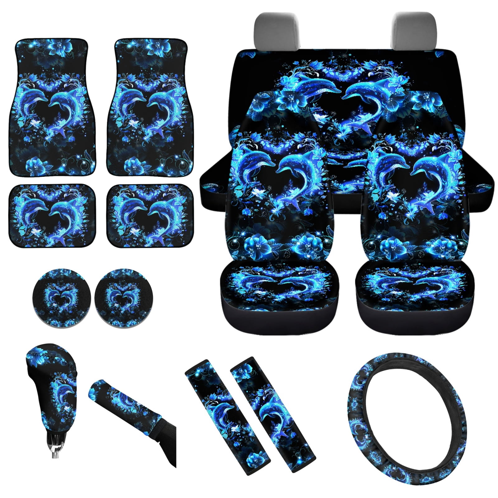 Yuyamidu 15 Pack Blue Dolphin Car Seat Covers Set with Floor Mats Heart Steering Wheel Cover Seat Belt Pads Handbrake Cover Set Coasters Auto Accessories