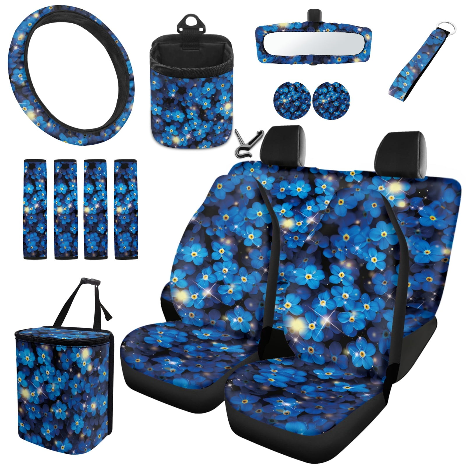 Yuyamidu 15 Pack Blue Flower Car Seat Cover Full Set Women Auto Seat Protector with Steering Wheel Cover Seat Belt Pads Trash Bin Air Vent Organizer Rear View Mirror Cover Coasters Key Chain