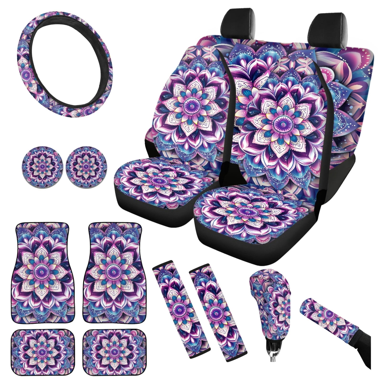 Yuyamidu 15 Pack Boho Flower Blossom Car Seat Cover Set with Carpet Mats Purple Steering Wheel Cover Seat Belt Strap Cover Coaster Gear Shift Knob Cover Set Fit SUV Sedan