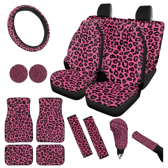 Yuyamidu 15 Pack Pink Leopard Print Car Seat Cover Set for Women Car Floor Mats Steering Wheel Cover Seat Belt Pad Handbrake Cover Set Car Coasters
