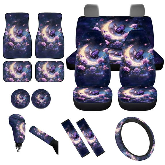 Yuyamidu 15 Pack Purple Butterfly Car Seat Cover Full Set Moon Car Floor Mats Steering Wheel Cover Rose Seatbelt Pad Cup Mat Gear Shift Cover Hand Brake Cover Fit for Most SUV Van Truck Sedan