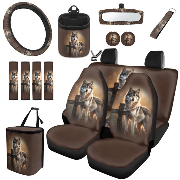 Yuyamidu 15 Pack Wolf Car Seat Covers Full Set Cross Steering Wheel Cover Seat Belt Strap Pads Garbage Organizer Car Air Vent Box Rearview Mirror Cover Coasters Keychain Wristlet, Brown
