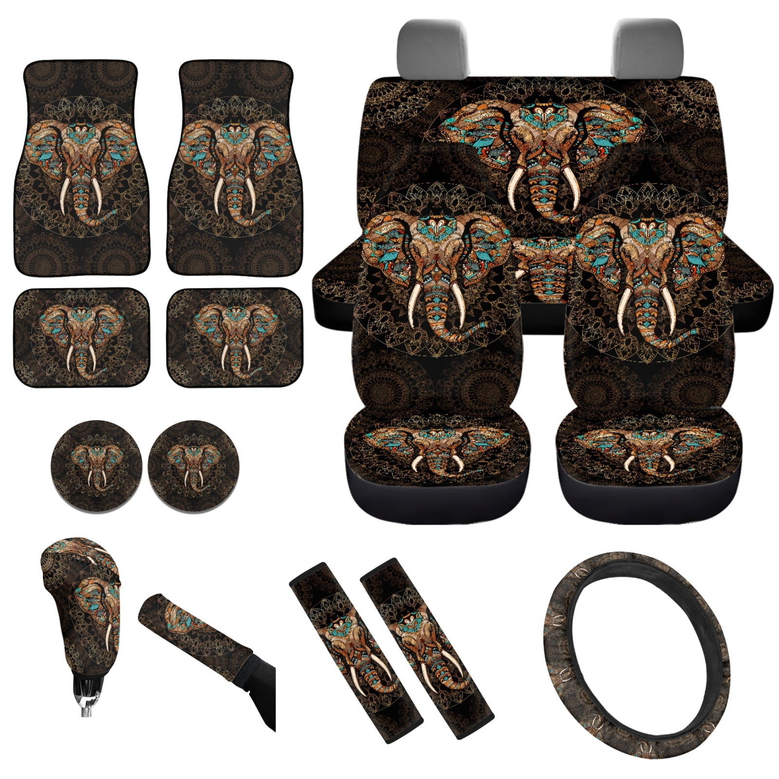 Yuyamidu 15 Pcs Boho Car Seat Cover Full Set with Car Floor Mats Elephant Steering Wheel Cover Brown Gear Shift Hand Brake Cover Seatbelt Pad Cup Coasters Interior Auto Accessory