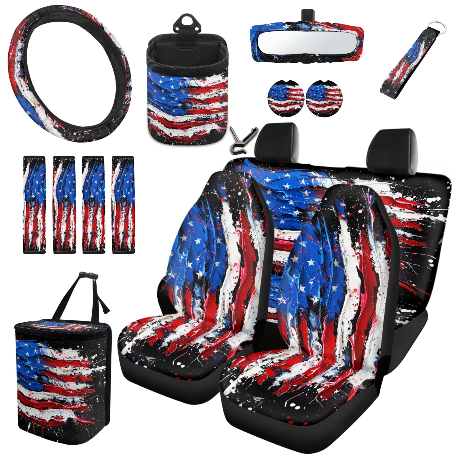 Yuyamidu 15 Piece American Flag Car Seat Covers Full Set with Auto Steering Wheel Cover Seat Belt Strap Protector Cup Holder Trash Bag Air Vent Storage Pocket Rearview Protector Wristlet Keychain