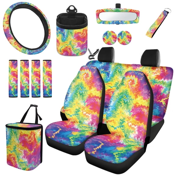 Yuyamidu 15 Piece Car Seat Cover Full Set Tie Dye Steering Wheel Cover Seat Belt Strap Pads Garbage Organizer Car Air Vent Pocket Organizer Rearview Mirror Cover Coasters Keychain Wristlet