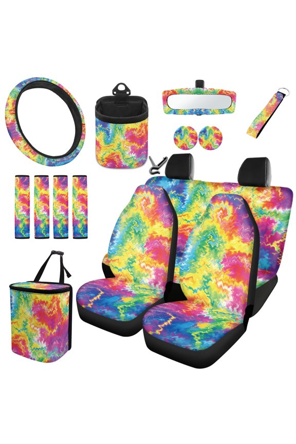 15 Piece Car Seat Cover Full Set Tie Dye Steering Wheel Cover Seat Belt Strap Pads Garbage Organizer Car Air Vent Pocket Organizer Rearview Mirror Cover Coasters Keychain Wristlet