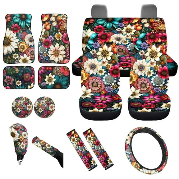 Yuyamidu 15 Piece Colorful Dahlia Car Seat Cover Set with Floor Mats Steering Wheel Cover Seat Belt Strap Cover Coaster Gear Shift Knob Cover Set Fit SUV Sedan