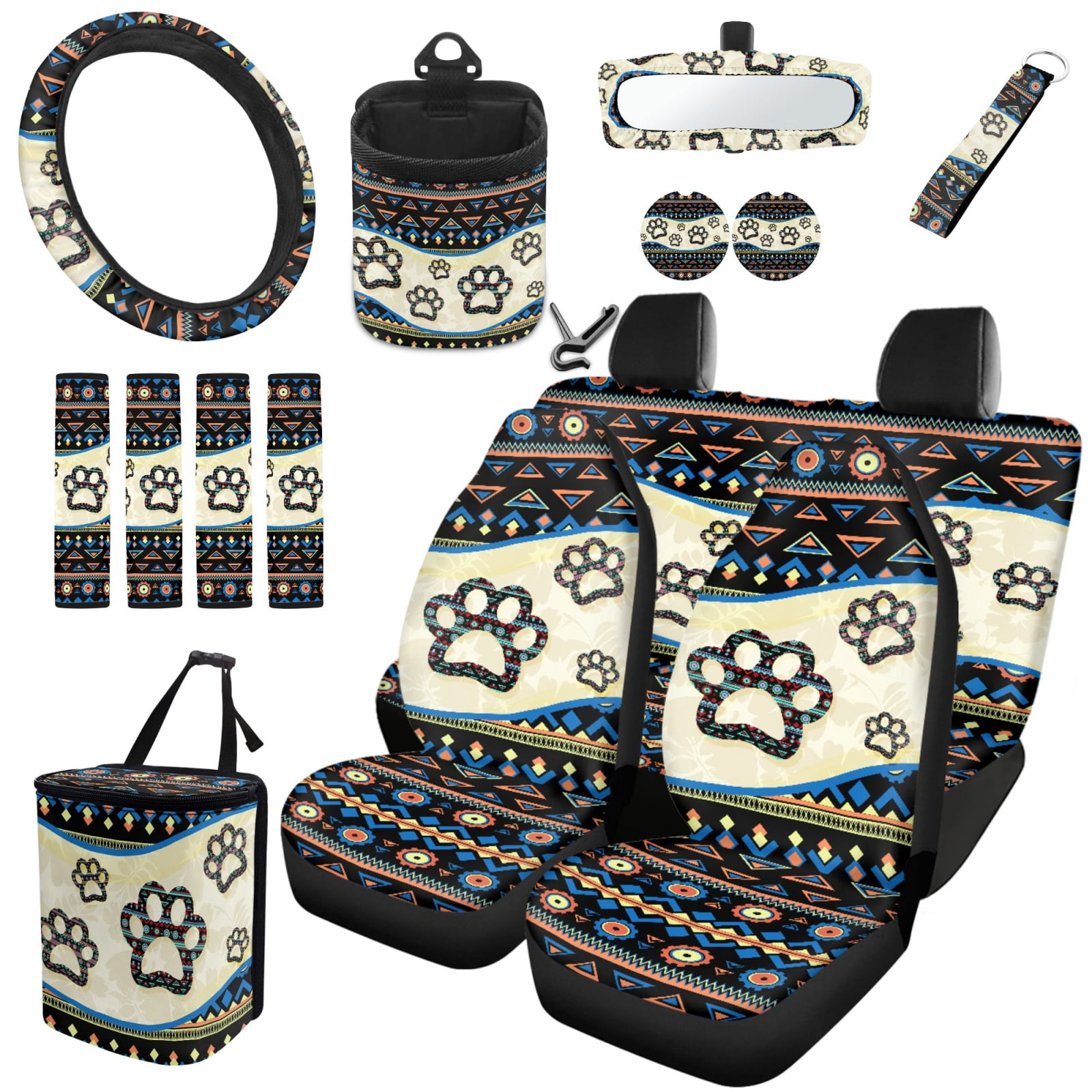 Yuyamidu 15 Piece Dog Paw Car Seat Covers Full Set Western Aztec Steering Wheel Cover Safe Belt Pads Trash Bin Rearview Mirror Cover Coasters Keychain Car Vent Organizer Car Decoration, 15 PCS
