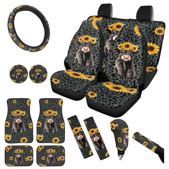 Yuyamidu 15pcs Black Leopard Print Car Accessories Sets Highland Cow Car Seat Covers Sunflower Floor Mats Auto Steering Wheel Cover Seatbelt Pads Handbrake Cover Set Coasters