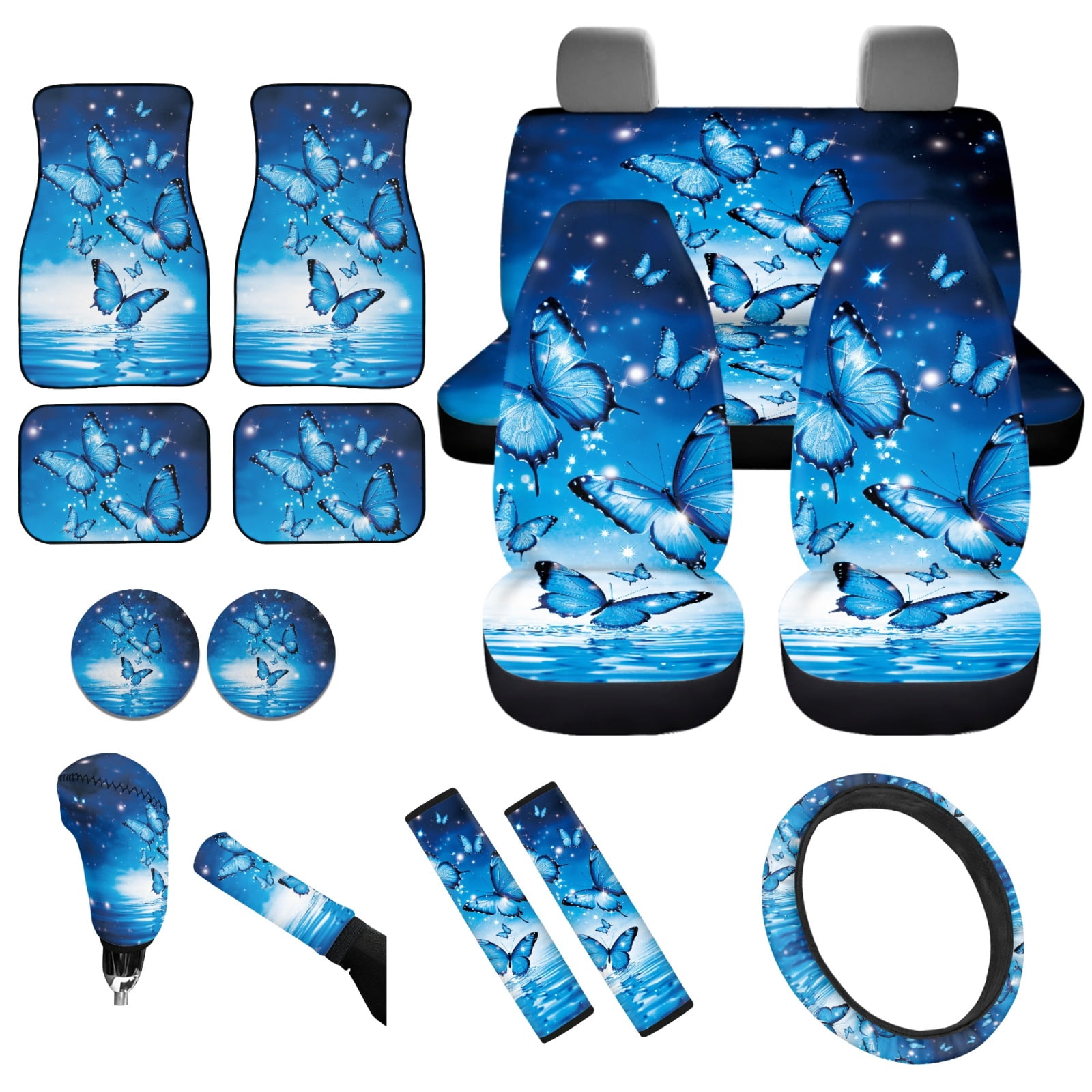 Yuyamidu 15pcs Blue Butterfly Car Seat Cover Split Cover Fashion Car Floor Mats Steering Wheel Cover Seatbelt Pads Auto Handbrake Cover Set Cup Coasters