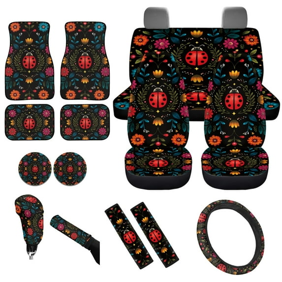 Yuyamidu 15pcs Ladubug Car Seat Cover Full Set with Floor Mats Colorful Flower Steering Wheel Cover Seat Belt Covers Cup Coasters Handbrake Cover Set