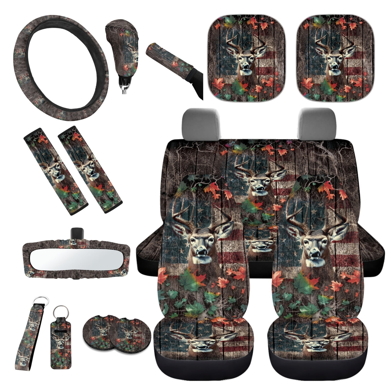 Yuyamidu 16 PCS Car Seat Covers Set Deer Car Sun Shade Camo Hunting Handbrake Cover Gear Shift Knob Cover Steering Wheel Cover Seat Belt Pads Rear View Mirror Cover Coasters Key Chain