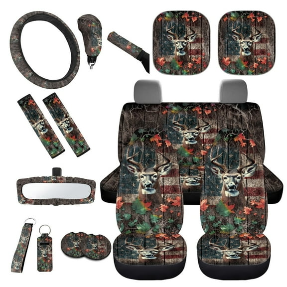 Yuyamidu 16 PCS Car Seat Covers Set Deer Car Sun Shade Camo Hunting Handbrake Cover Gear Shift Knob Cover Steering Wheel Cover Seat Belt Pads Rear View Mirror Cover Coasters Key Chain