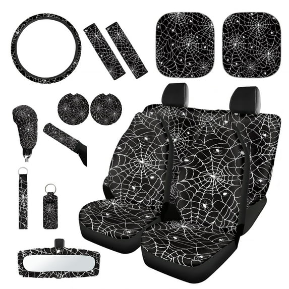 Yuyamidu 16 PCS Cobweb Car Seat Covers Set Halloween Gear Shift Cover Hand Brake Cover Car Sun Shade Steering Wheel Cover Seat Belt Covers Rear View Mirror Cover Coasters Key Chain
